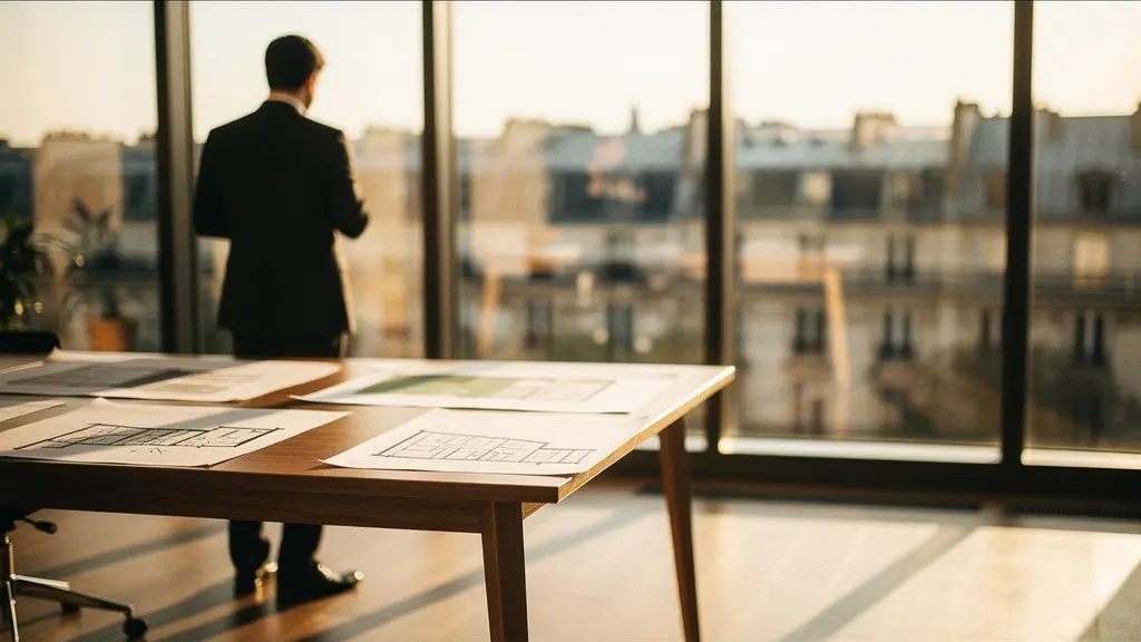 Investisseur immobilier analysant des documents fiscaux dans un bureau lumineux