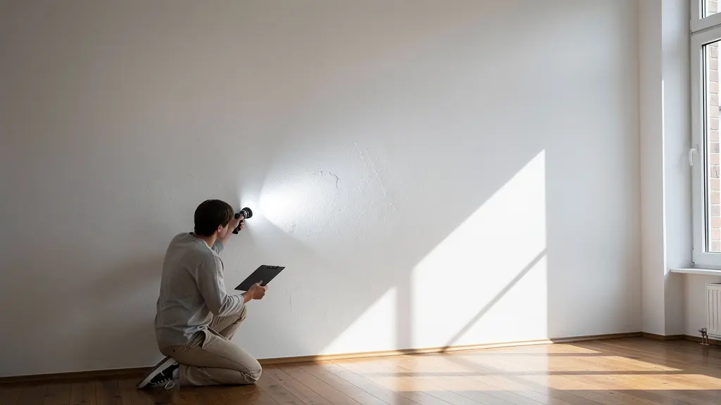 Personne inspectant minutieusement un mur avec une lampe torche lors d'un état des lieux