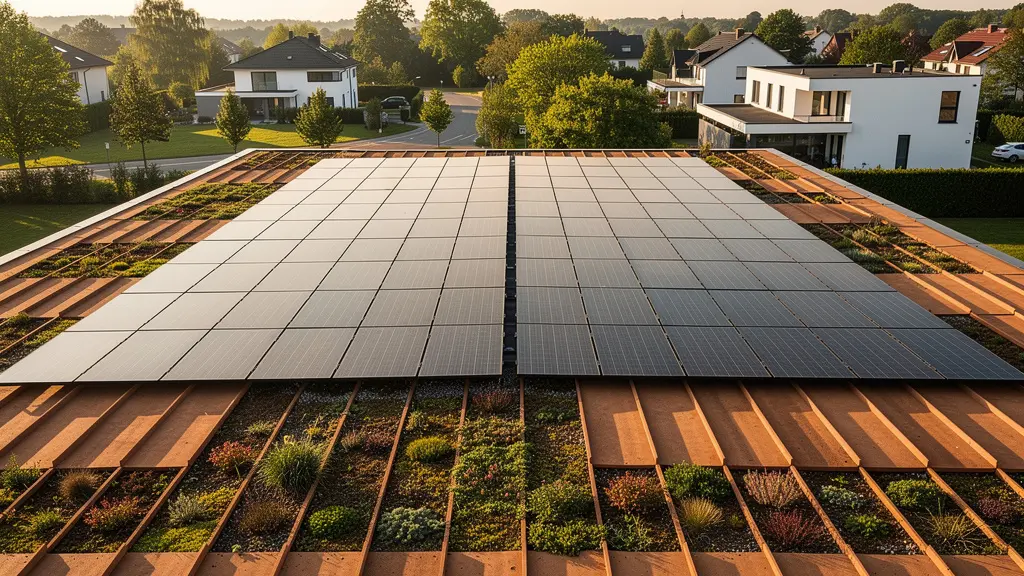 Vue aérienne d'une toiture avec panneaux solaires intégrés sur maison écologique