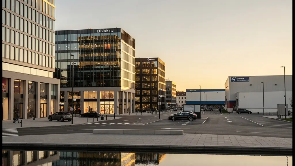 Perspective moderne d'immeubles de bureaux avec diversification visuelle représentant l'investissement accessible en SCPI