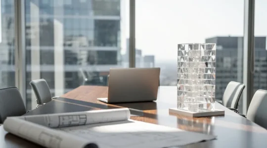 Analyse stratégique de financement immobilier avec documents et architecture moderne