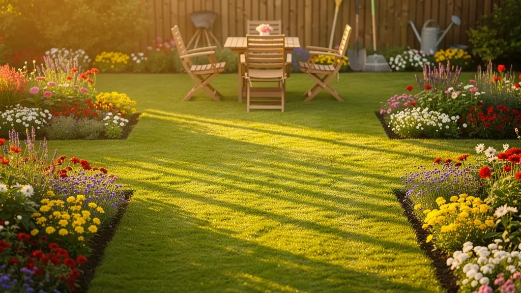 Jardin résidentiel parfaitement entretenu avec pelouse tondue, massifs floraux colorés et coin salon extérieur