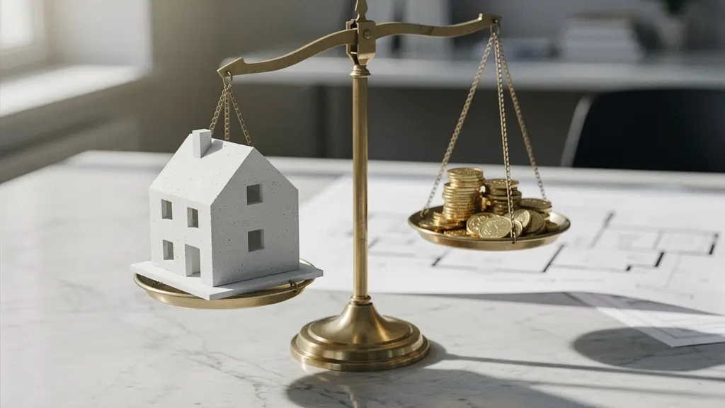 Balance équilibrée entre rentabilité et attractivité locative avec clés et calculatrice
