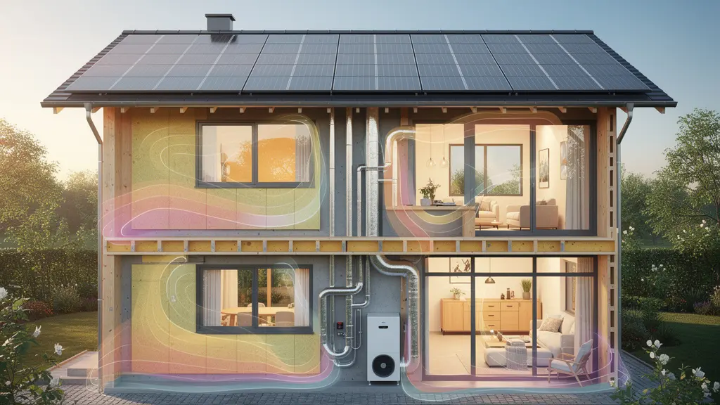 Maison moderne avec panneaux solaires et isolation visible par transparence architecturale