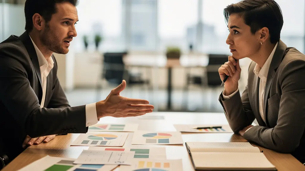 Négociation professionnelle entre conseiller bancaire et client dans un bureau moderne