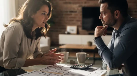 Négociation immobilière entre vendeur et acheteur autour d'une table avec documents de vente