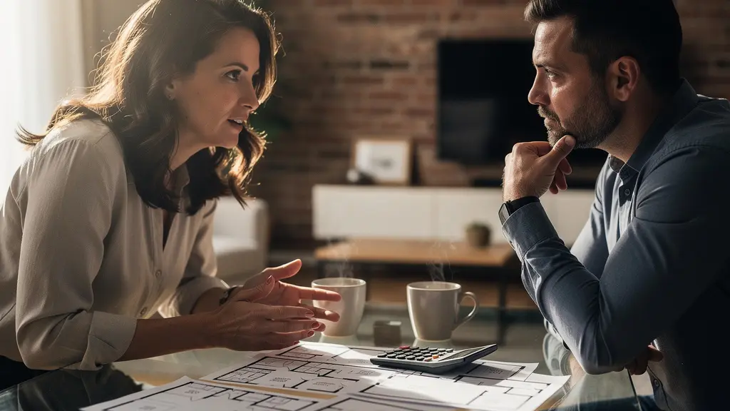 Négociation immobilière entre vendeur et acheteur autour d'une table avec documents de vente