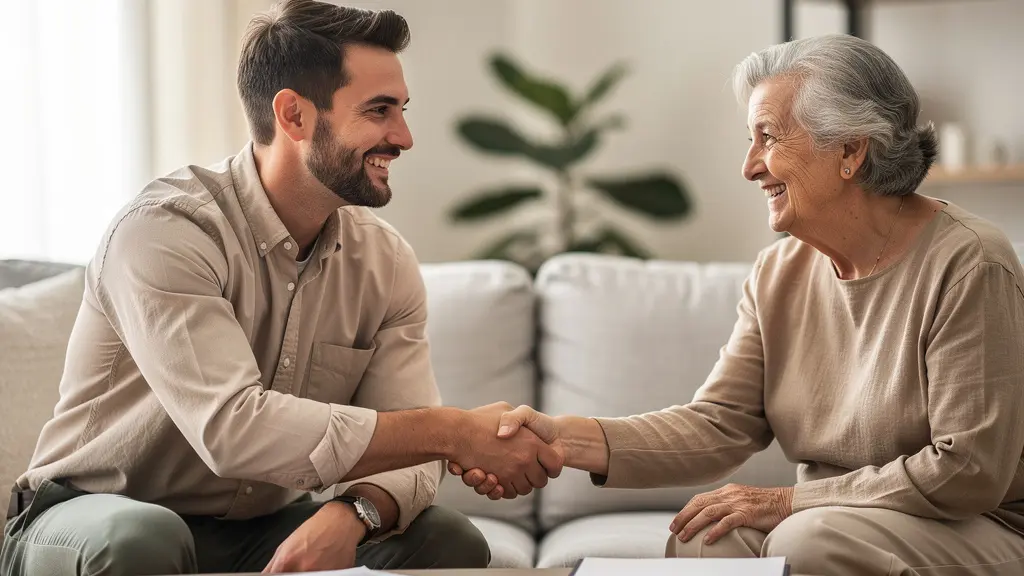 Poignée de main entre un acheteur et un vendeur senior dans un salon lumineux avec documents sur table