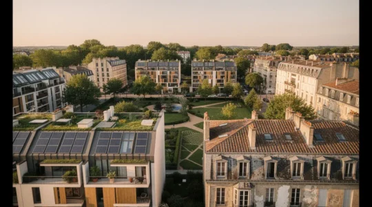 Vue aérienne de différents types de bâtiments résidentiels français avec représentation visuelle de leur performance énergétique
