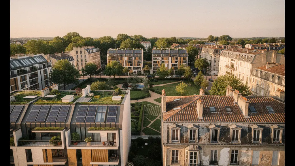 Vue aérienne de différents types de bâtiments résidentiels français avec représentation visuelle de leur performance énergétique