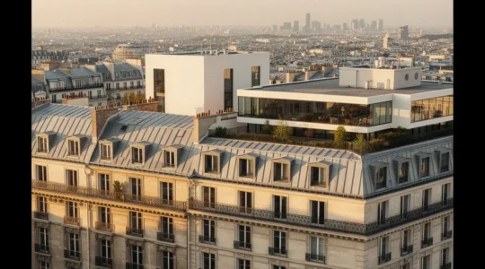 Vue aérienne d'immeubles parisiens avec calculs financiers en surimpression symbolique