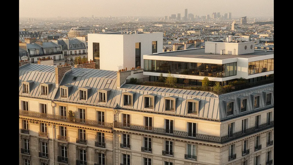 Vue aérienne d'immeubles parisiens avec calculs financiers en surimpression symbolique