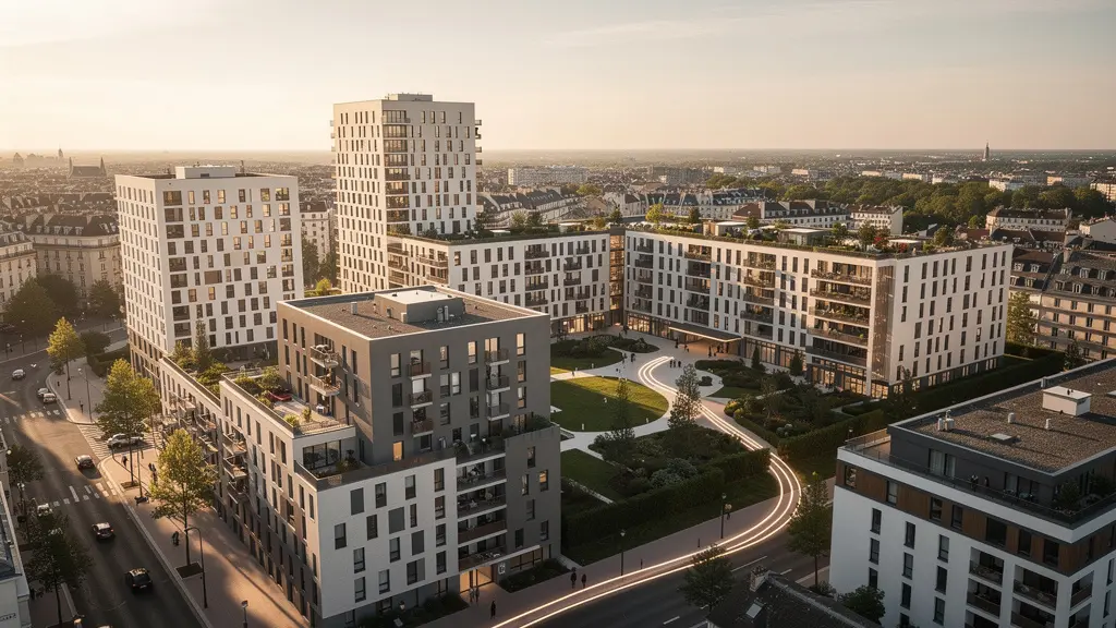 Vue aérienne d'un quartier urbain avec différents types de biens immobiliers et chemins de croissance symboliques