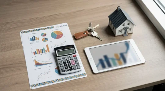 Vue aérienne d'une table de travail avec documents financiers, calculatrice et maquette de maison