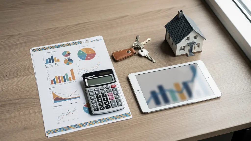 Vue aérienne d'une table de travail avec documents financiers, calculatrice et maquette de maison