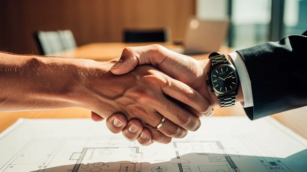 Poignée de main symbolisant un accord immobilier dans un environnement professionnel