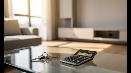 Vue intérieure d'un salon moderne avec des chiffres subtils sur la table basse évoquant le prix immobilier