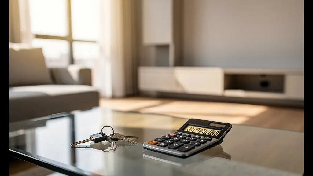 Vue intérieure d'un salon moderne avec des chiffres subtils sur la table basse évoquant le prix immobilier