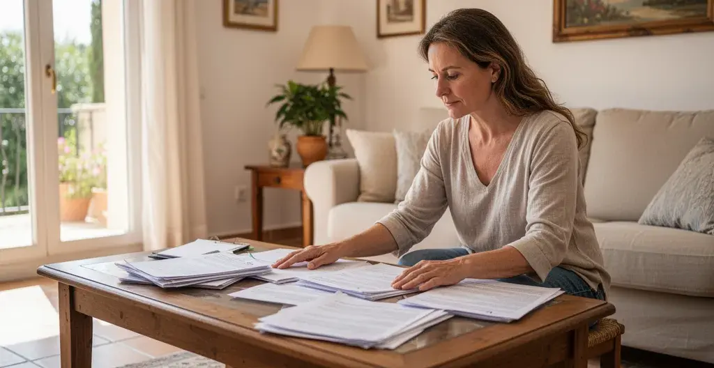 Propriétaire préparant documents estimation immobilière salon lumineux