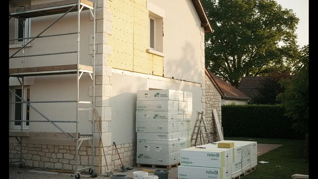 Vue en perspective d'une maison française en rénovation thermique avec échafaudage et matériaux d'isolation