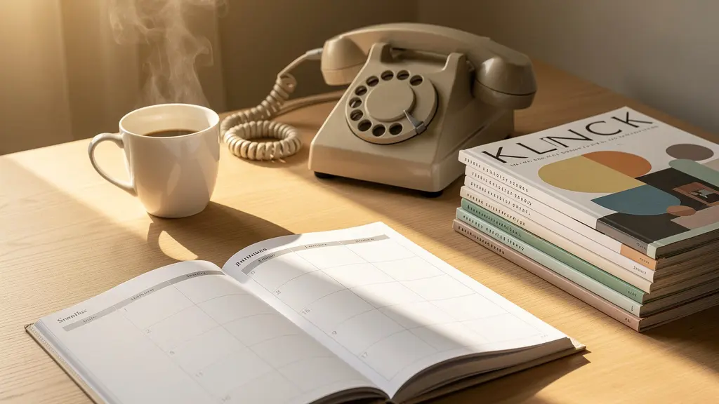 Bureau organisé avec planning de recherche immobilière et café matinal