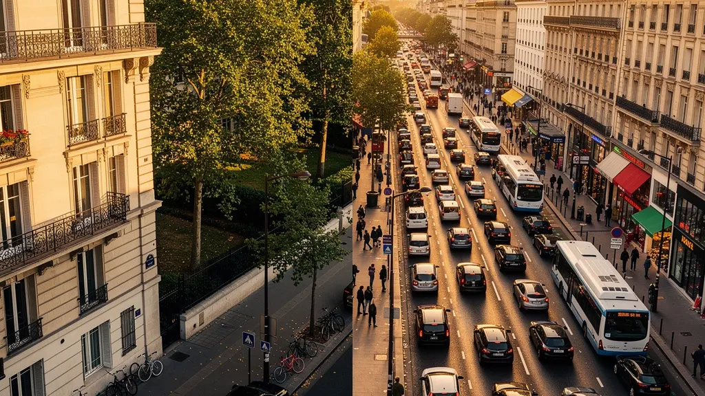 Vue aérienne contrastée entre rue résidentielle paisible et boulevard urbain animé