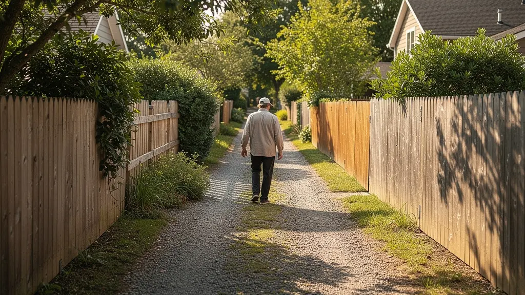 Chemin de terre traversant deux propriétés avec clôtures en bois de chaque côté