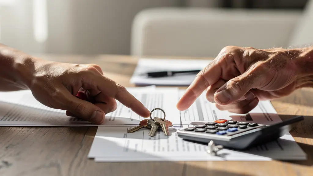 Mains tenant un contrat de location avec des clés et une calculatrice sur une table en bois