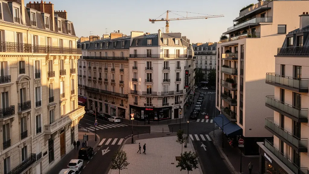 Vue aérienne d'un quartier résidentiel français avec des bâtiments haussmanniens et modernes, illustrant le marché immobilier en transition