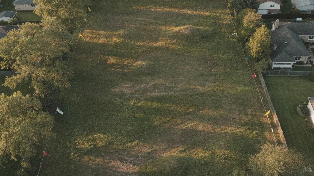 Vue aérienne d'un grand terrain boisé avec des marquages de géomètre délimitant plusieurs parcelles potentielles