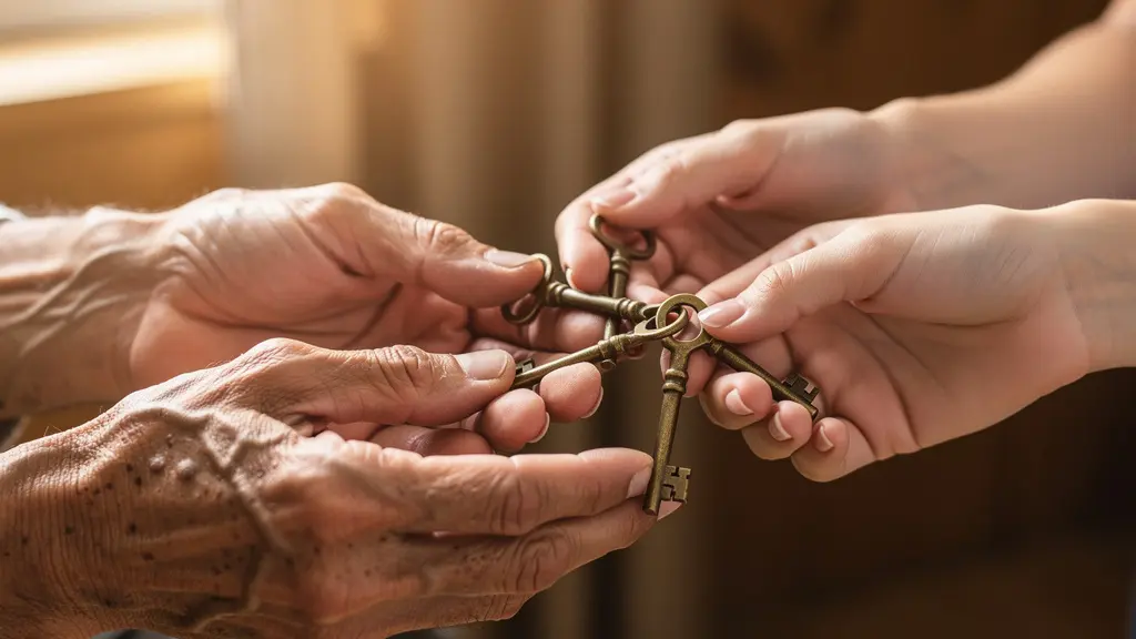 Mains de trois générations tenant symboliquement des clés de propriété