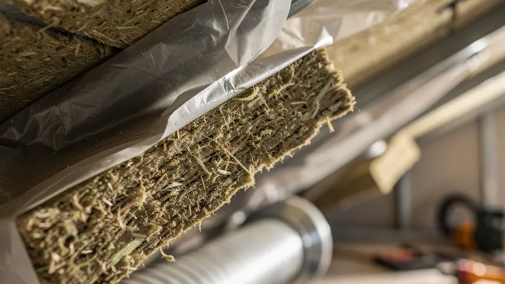 Installation de matériaux d'isolation modernes et système de ventilation dans une maison en rénovation