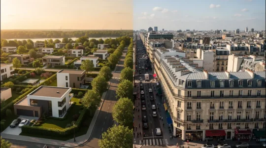 Vue aérienne contrastée montrant une zone pavillonnaire avec jardins et un centre-ville dense avec immeubles haussmanniens