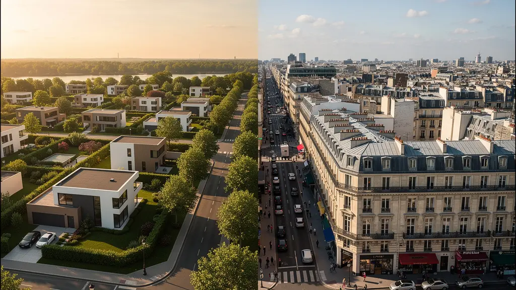 Vue aérienne contrastée montrant une zone pavillonnaire avec jardins et un centre-ville dense avec immeubles haussmanniens