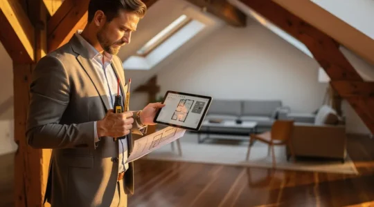 Expert immobilier évaluant des combles aménagés dans une maison contemporaine