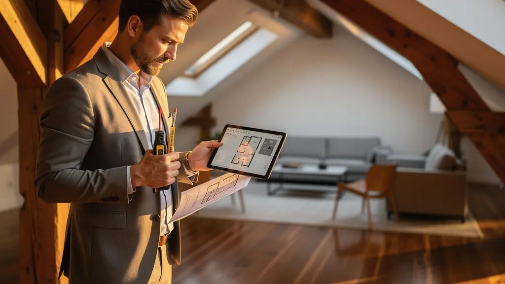 Expert immobilier évaluant des combles aménagés dans une maison contemporaine