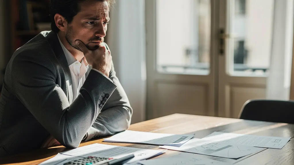 Vendeur immobilier perplexe devant documents et calculatrice, reflets de fenêtre d'appartement