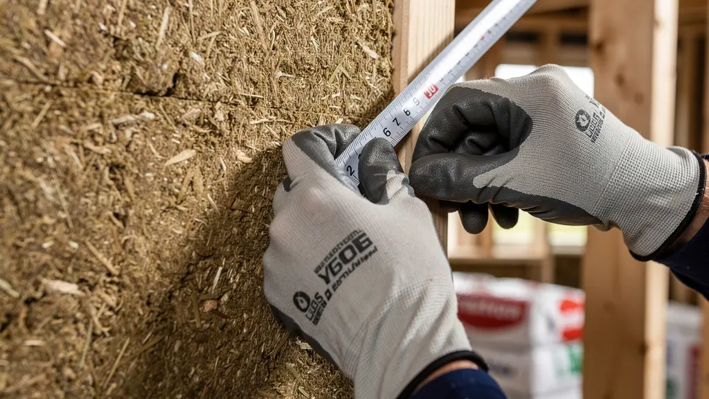 Professionnel vérifiant l'épaisseur de l'isolant entre les cloisons sur un chantier