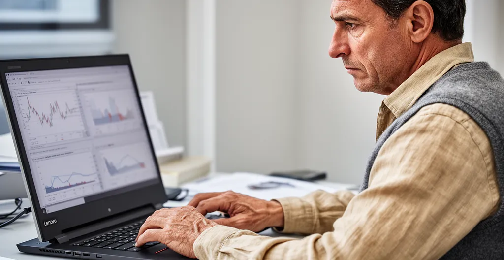 Professionnel analysant des indicateurs de rendement locatif sur écran dans un bureau