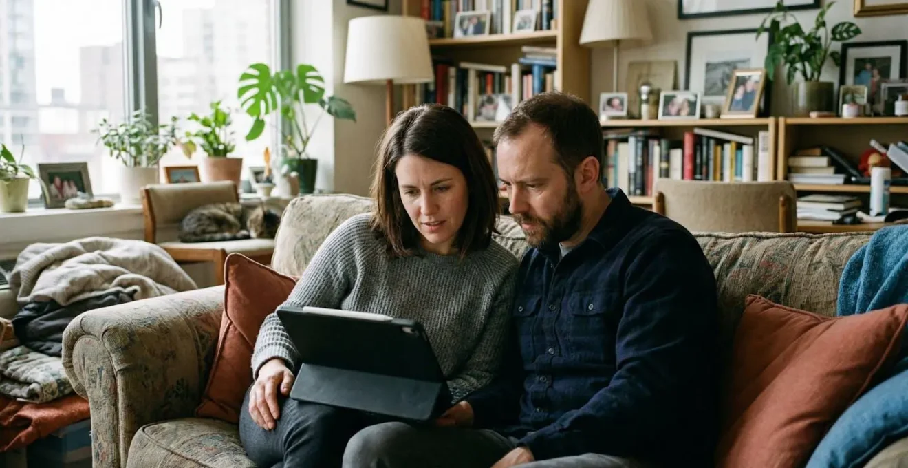 Couple assis côte à côte sur un canapé, regardant une tablette avec des expressions concentrées dans un salon lumineux