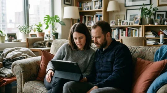 Couple assis côte à côte sur un canapé, regardant une tablette avec des expressions concentrées dans un salon lumineux