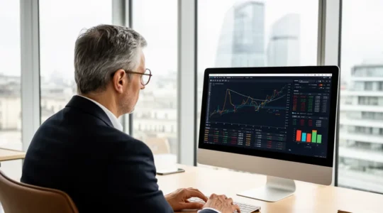 Gestionnaire immobilier analysant un tableau de bord de gestion locative dans un bureau moderne