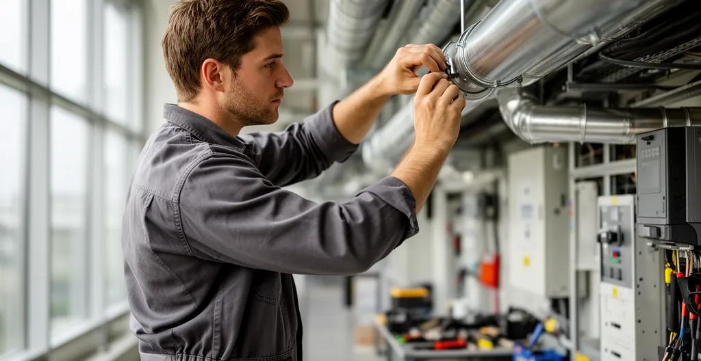 Technicien inspectant les équipements techniques d'un local d'activités professionnel
