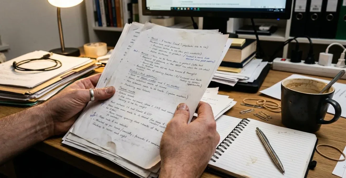 Mains tenant des documents papier avec un stylo posé à côté, sur un bureau légèrement encombré avec une tasse de café