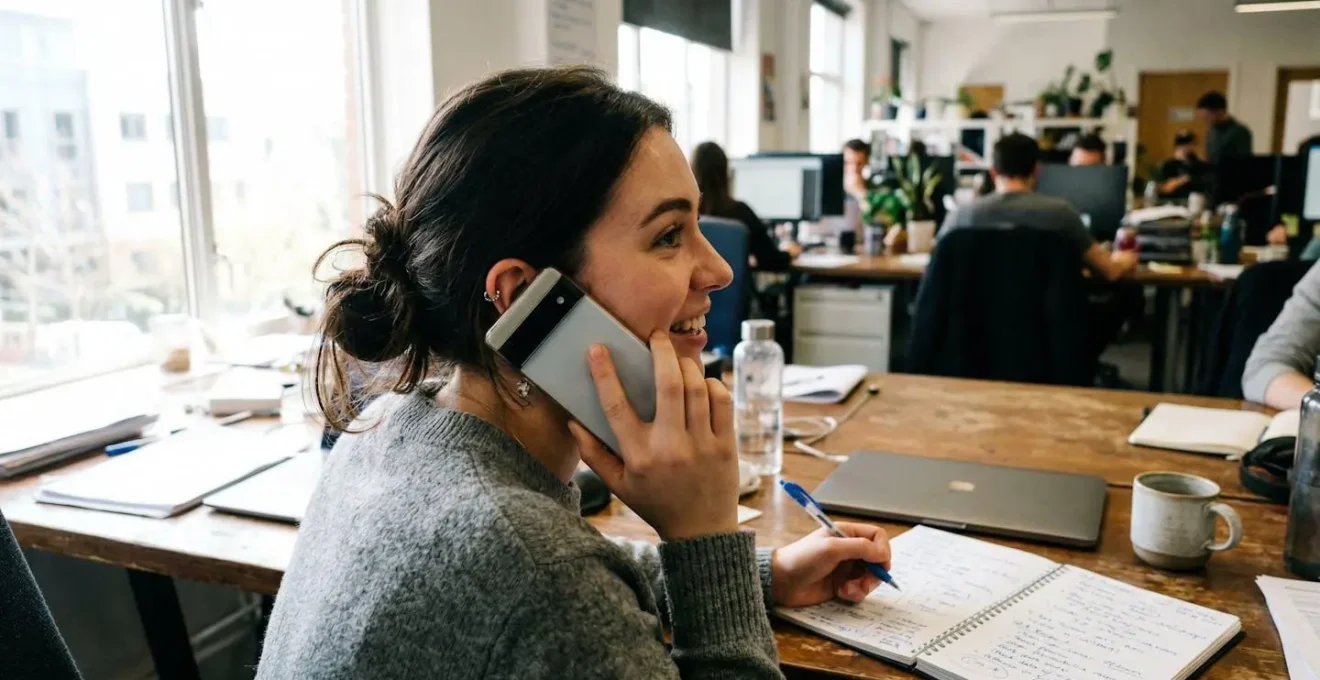 Personne vue de profil au téléphone dans un espace de travail moderne, avec des notes manuscrites visibles sur le bureau
