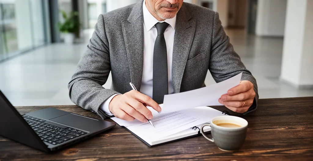 Property manager vérifiant des documents de bail dans un espace de bureaux professionnel