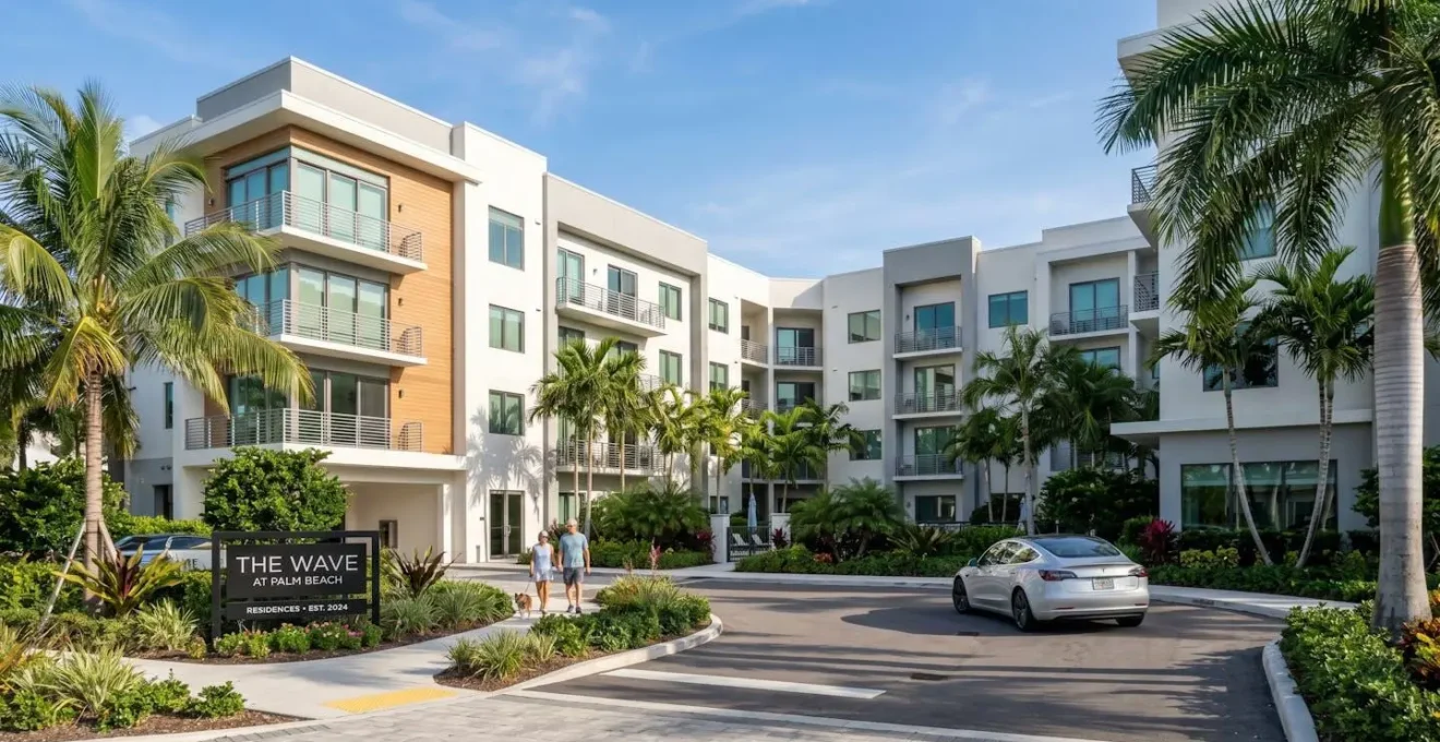 Immeuble de condominiums contemporain en Floride avec palmiers sous un ciel bleu éclatant, façade claire et lignes épurées typiques de l'architecture résidentielle d'Orlando