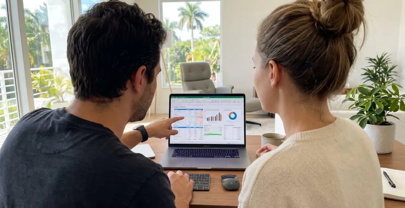 Couple vu de dos examinant des documents financiers sur un ordinateur portable dans un bureau contemporain lumineux avec lumière naturelle latérale